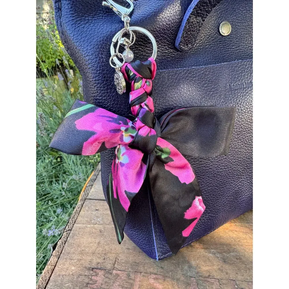 Satin Black Pink Floral Print Bow Bag Charm Floral Purse Charm